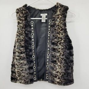 Cache Faux Fur Leather‎ Trim Women's Open Front Rhinestone Grommet Vest XS